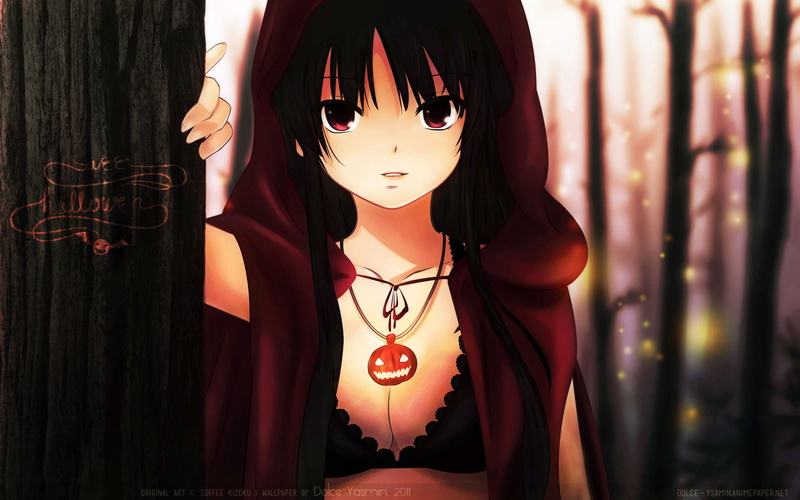 pumpkin, red, 1080P, cleavage, coffee kizoku, brown, eyes, tree, halloween, long, hair, original