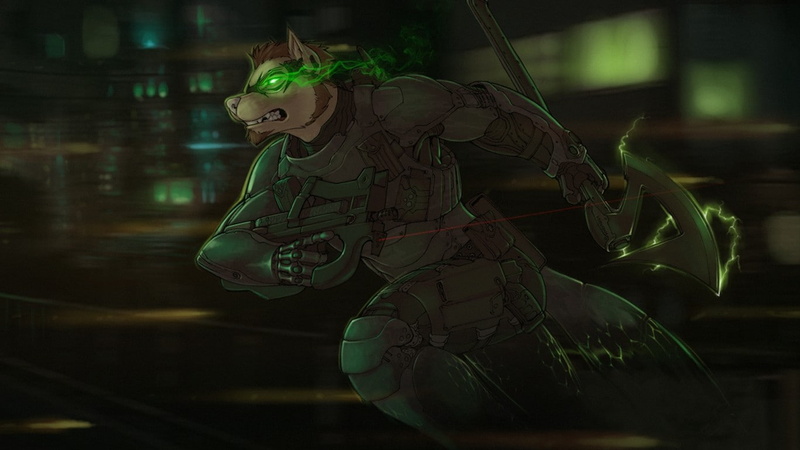 three quarter length, night, spooky, robot, indoors, human representation, furry, axes, 720P, Anthro, FN P90, hair, young women, hairstyle, adult, focus on foreground