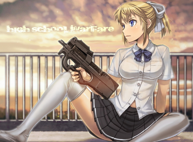 lifestyles, hair, holding, front view, representation, hairstyle, clothing, women, FN P90, weapon, three quarter length, young adult, real people, schoolgirl