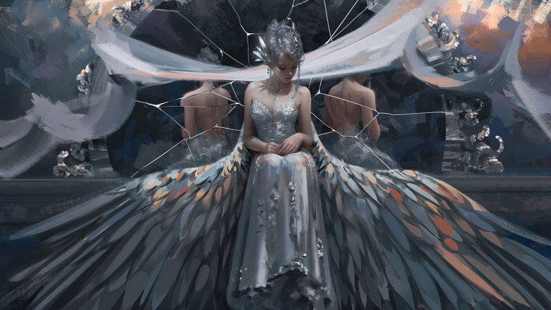 Wings, GhostBlade, 8K, Fairy, Woman, White Hair, Comics, Mirror, Angel