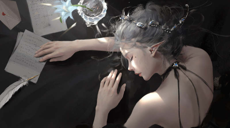 Comics, Flower, 4K, GhostBlade, Sleeping, Girl, Desk, Elf, Fantasy, Woman