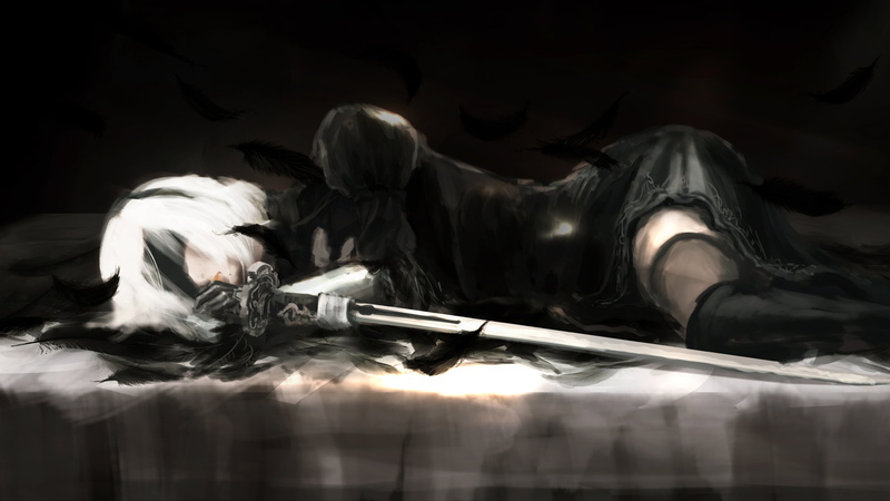 4K, Lying Down, Black Dress, Short Hair, Video Game, Sword, Feather, NieR: Automata, Girl, White Hair