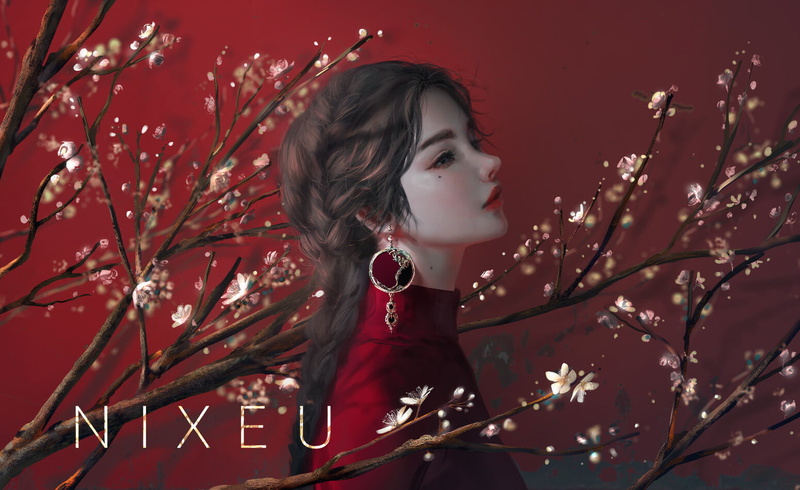 earring, digital painting, 720P, fan art, digital art, Nixeu, red background, drawing, artwork, flowers, women