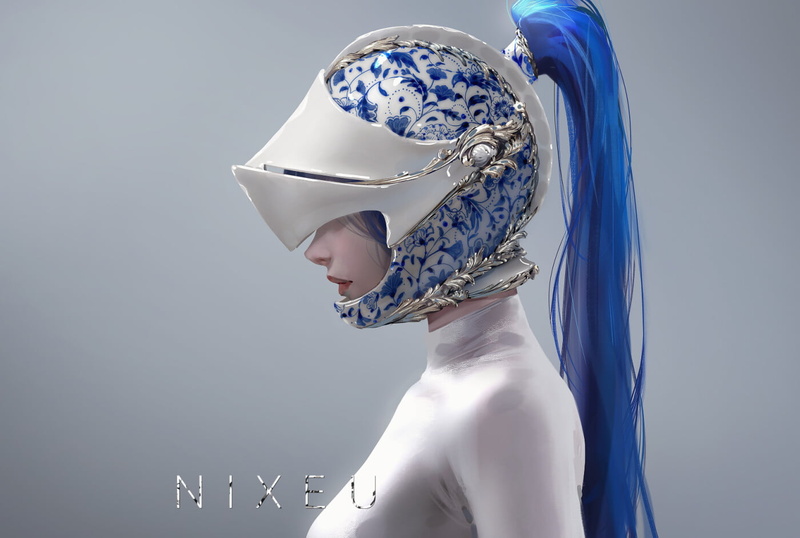 720P, profile, Nixeu, helmet, ponytail, simple background, women, drawing, blue hair, pattern