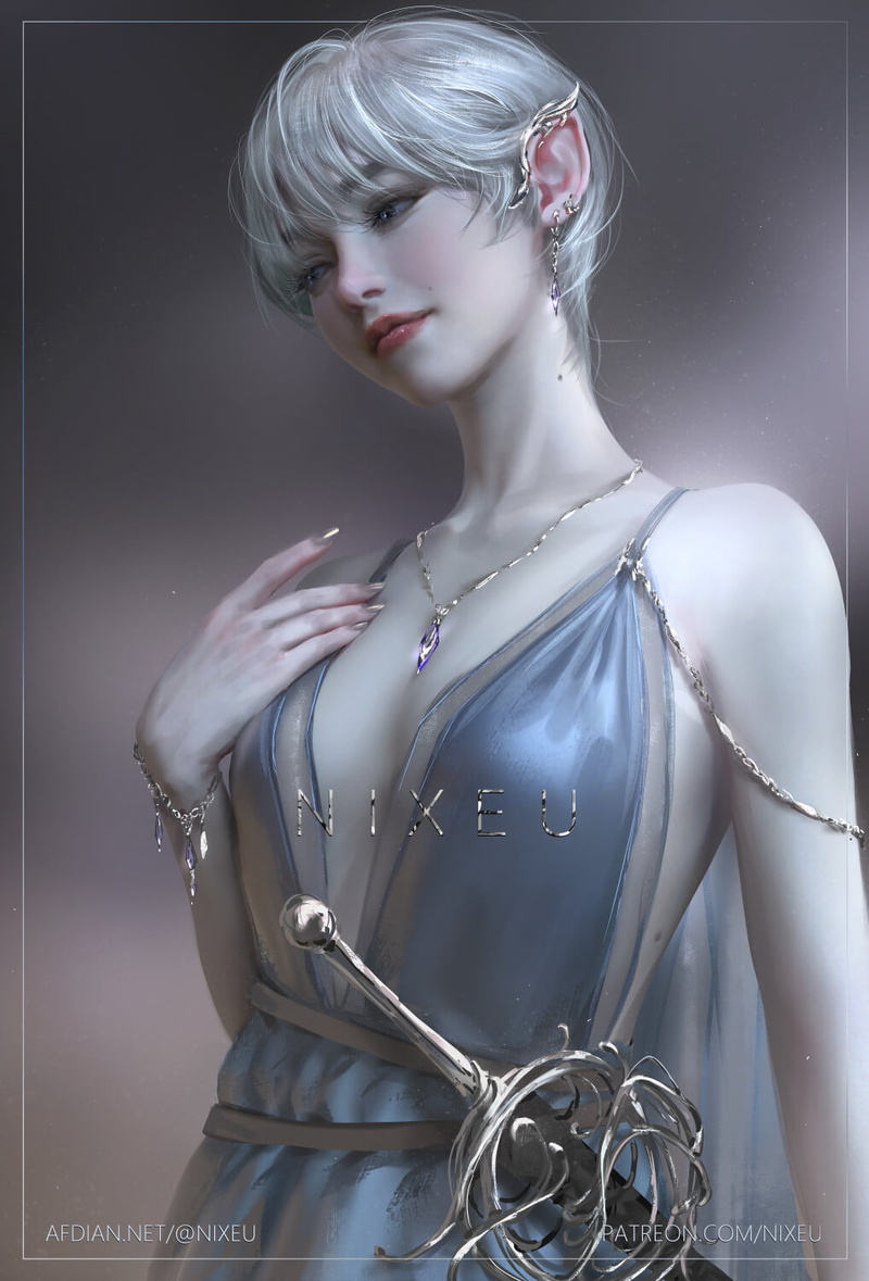 cleavage, simple background, 720P, silver hair, dress, frame, jewelry, Nixeu, weapon, drawing, women, rapier