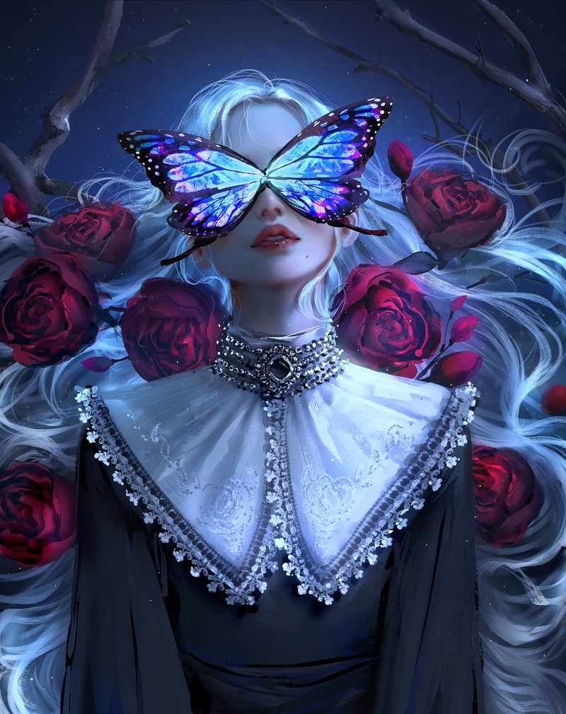 illustration, long hair, 4K, fantasy art, fantasy girl, Nixeu, silver hair, digital art, fan art, women, butterfly, artwork, parted lips, flowers