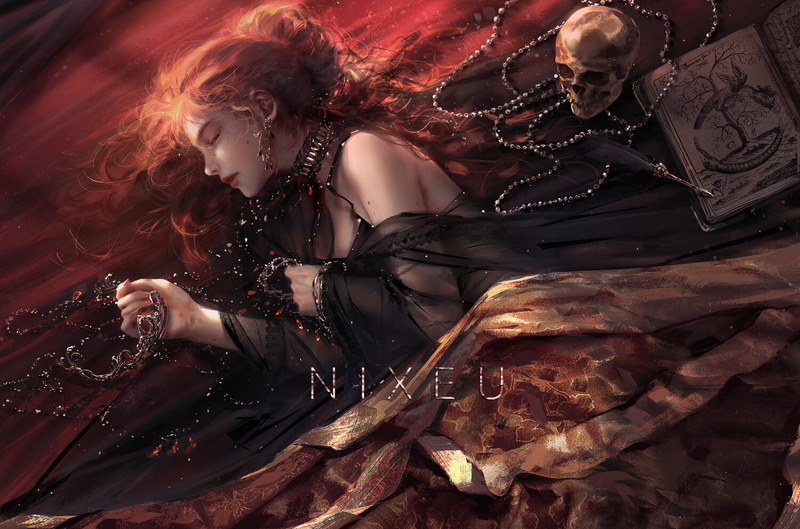 blankets, 720P, bare shoulders, earring, black clothing, books, women, jewelry, redhead, necklace, dress, Nixeu, drawing, skull