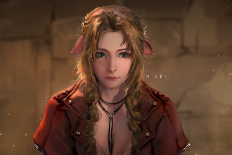 green eyes, artwork, closed mouth, pointed ears, women, Aerith Gainsborough, ArtStation, digital art, Nixeu, fan art, digital painting, animal ears, video game girls