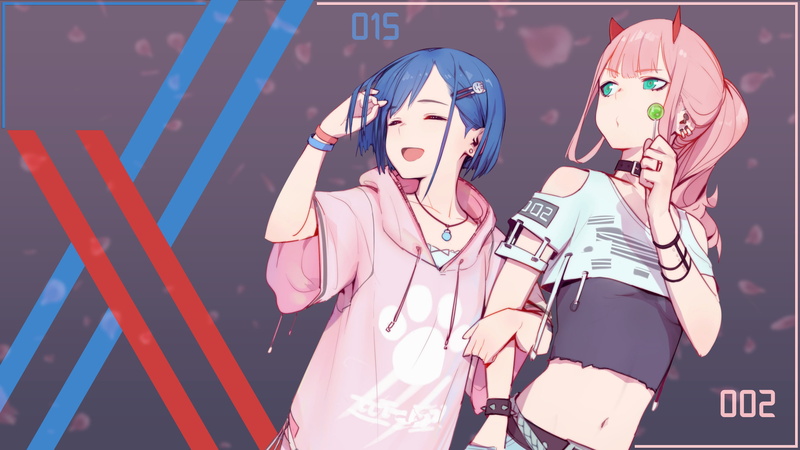 pink hair, anime girls, Ichigo (Darling in the FranXX), 2K, Code:002 (ZeroTwo), blue hair, Darling in the FranXX, Zero Two (Darling in the FranXX)