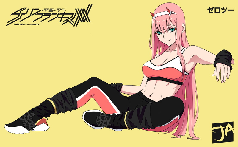 Code:002 (ZeroTwo), 2K, long hair, sportswear, pink hair, anime, logo, Reebok, yellow, Strelitzia, Darling in the FranXX, Code:002, horns, anime girls