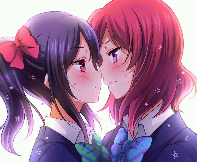 pink eyes, yuri, 1080P, short hair, Yazawa Nico, Love Live!, anime, purple hair, anime girls, Nishikino Maki, redhead
