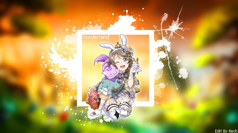 front view, illuminated, one person, smiling, costume, digital composite, Watanabe You, bunny ears, selective focus, Love Live! Sunshine, young adult, sunset