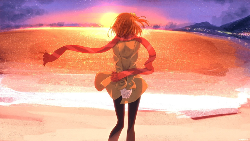 anime, 1080P, Sun, anime girls, sky, sunset, beach, Kousaka Honoka, Love Live!