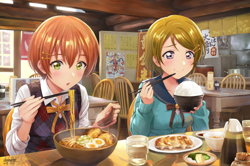 love live, holding, lifestyles, food, koizumi hanayo, bowl, eating, girls, two people, boys, offspring, Anime, food and drink, 1080P, innocence, ramen