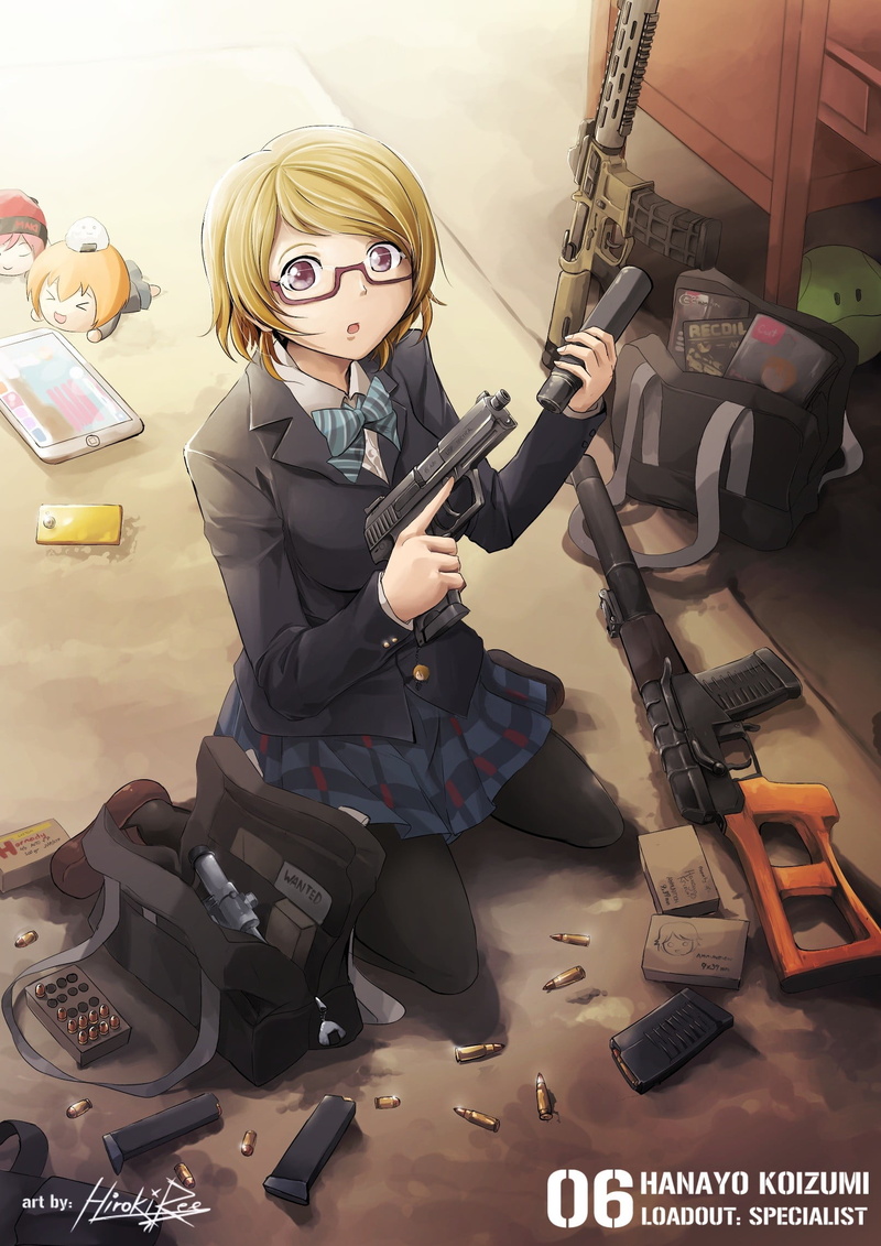 gun, emotional stress, indoors, anime girls, looking at camera, one person, women, emotion, glasses, business, skirt, sitting, Love Live!, short hair, blonde
