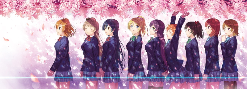 Minami Kotori, Nishikino Maki, Sonoda Umi, Koizumi Hanayo, Ayase Eri, cherry blossom, Yazawa Nico, Kousaka Honoka, 2K, Hoshizora Rin, anime girls, school uniform