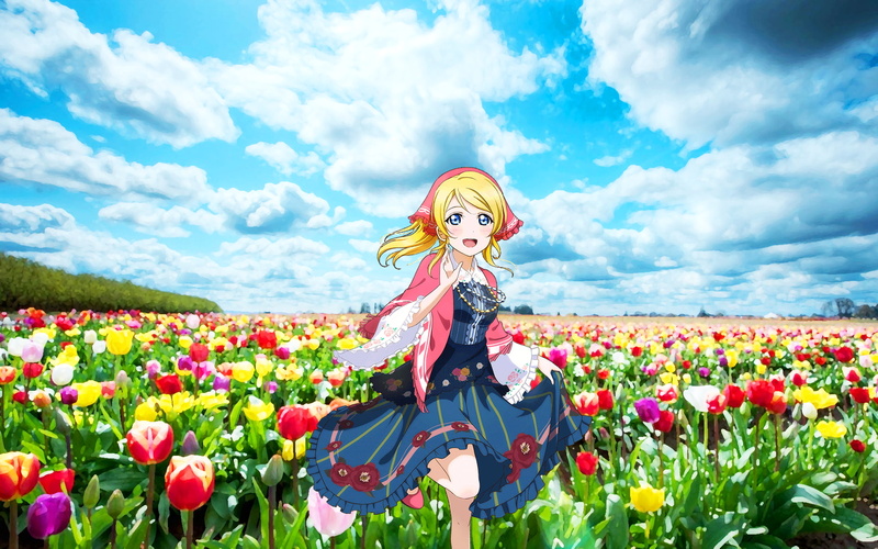 1080P, Ayase Eri, clouds, anime girls, flowers, Love Live!, anime