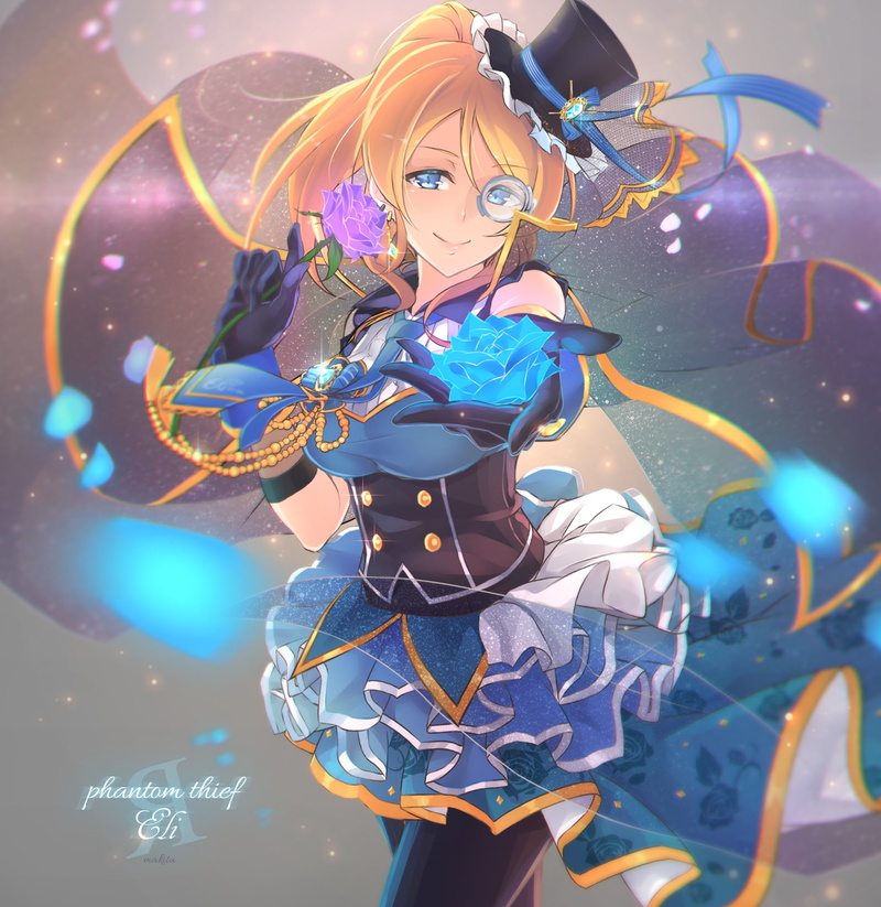 hat, celebration, 1080P, love live, ornate, ayase eri, costume, phantom thief eli, purple flower, human representation, close-up, creativity, focus on foreground