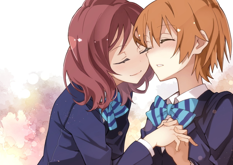 close-up, clothing, Hoshizora Rin, anime girls, school uniform, Nishikino Maki, nature, 1080P, two people, representation, portrait, women, real people