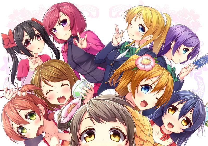 eyes, ponytail, fang, pink, bow, hair, ayase, twintails, long, blush, blue, red, food, choker, flowers, nullken, wink, eli, seifuku, 720P