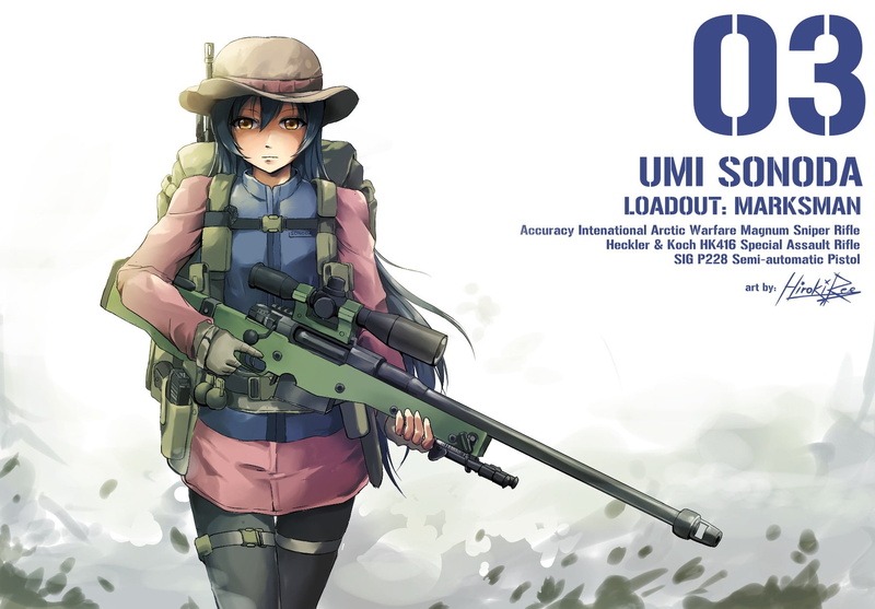 long hair, gun, anime girls, sniper rifle, yellow eyes, anime, 720P, Sonoda Umi, weapon, hat, Love Live!