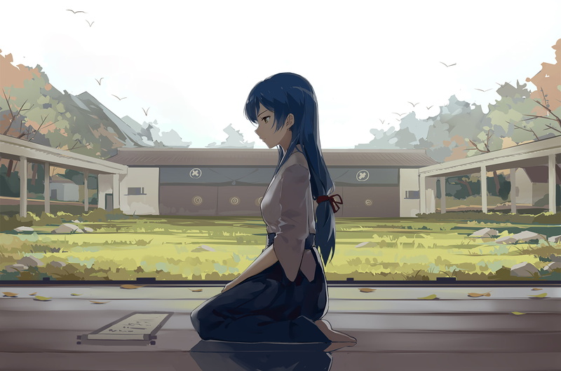 anime girls, anime, digital art, blue hair, Sonoda Umi, 2K, long hair, women, Love Live!, barefoot, artwork
