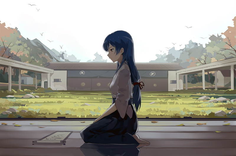 anime, artwork, 2K, anime girl, digital art, Sonoda Umi, straight hair, girl, barefoot, kimono, blue hair, traditional dress, long hair, Love Live!, kneeling