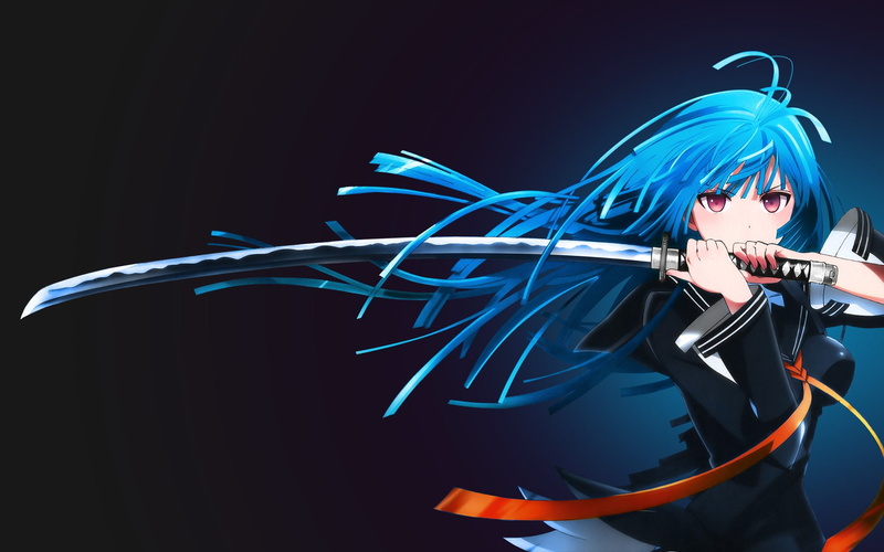sword, long hair, blue hair, anime, anime girls, Kisara Tendo, Black Bullet, katana, 1080P