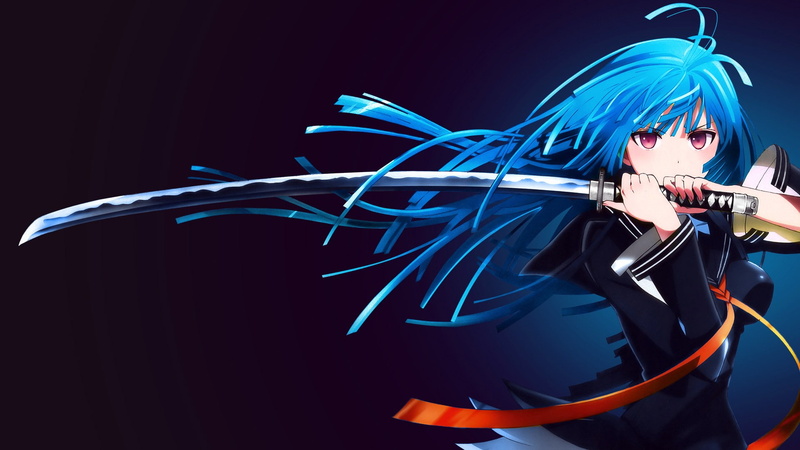 anime girls, katana, Black Bullet, blue hair, 1080P, Kisara Tendo, sword, anime, long hair