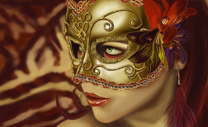 mask, one person, design, 1080P, women, focus on foreground, carnival - celebration event, carnival, art and craft, redhead, obscured face, artwork, costume
