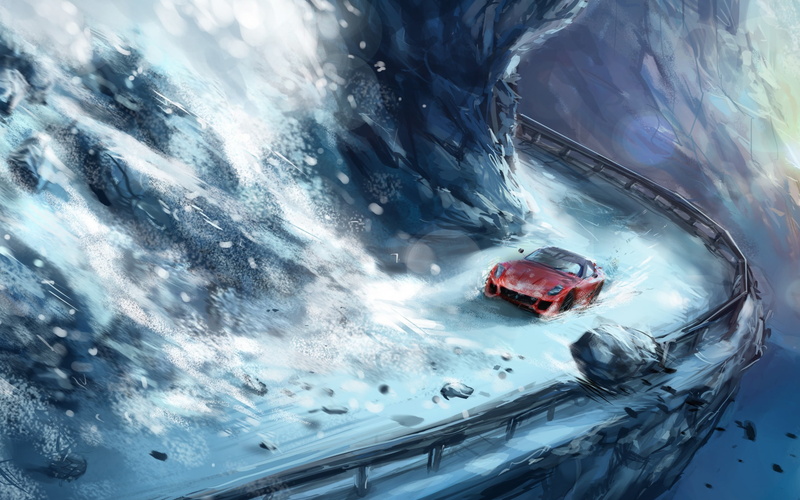 land vehicle, snow, high angle view, artwork, red, 2K, water, power in nature, mode of transportation, nature, beauty in nature, Ferrari, motor vehicle