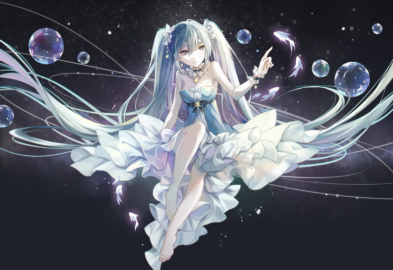 com, aqua, bubbles, hatsune, fish, miku, animal, long, 237765, minland4099, konachan, hair, 720P, vocaloid, dress, eyes, twintails, barefoot