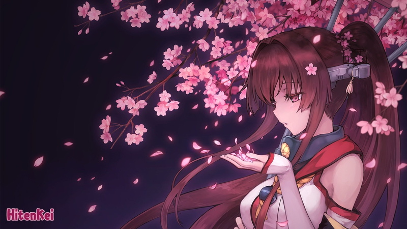 long, petals, hair, collection, blossoms, 1080P, brown, cherry, eyes, ponytail, goane, pink, kantai, kancolle, hiten, ryu, yamato