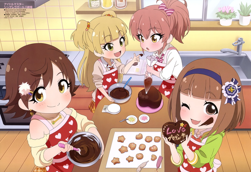 loli, wink, valentine, seifuku, idolmaster, fang, bow, group, 5K, scan, chocolate, skirt, mio, long, 258422, ponytail, hair, twintails, honda, apron, blush