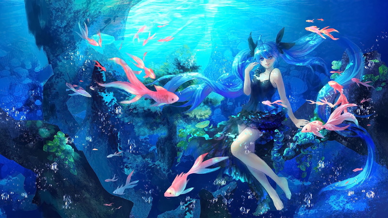 anime, fish, water, blue eyes, 1080P, anime girls, looking at viewer, animals, long hair