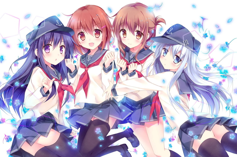 brown, collection, 1080P, blue, seifuku, purple, kneehighs, thighhighs, eyes, flowers, short, white, long, group, hair, hat, blush, kantai, fang, skirt