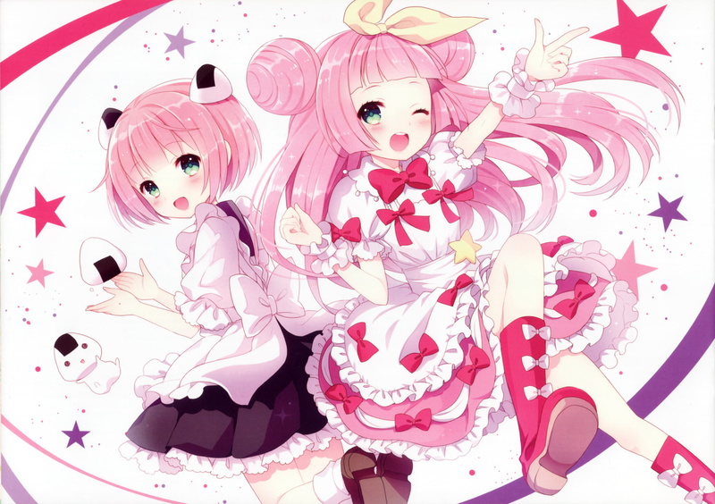 1080P, Maid, Blush, Wink, Long Hair, Smile, bow (Clothing), Onigiri, Original, Short Hair, Blue Eyes, Stars, Pink Hair, Anime, Apron