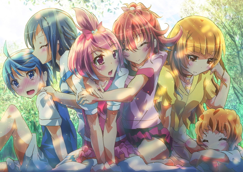 short, skirt, thighhighs, group, hug, long, hair, eyes, aida, 720P, pink, blush, choker, inoshishi, blue, mana, precure, shorts, dokidoki, red, bow