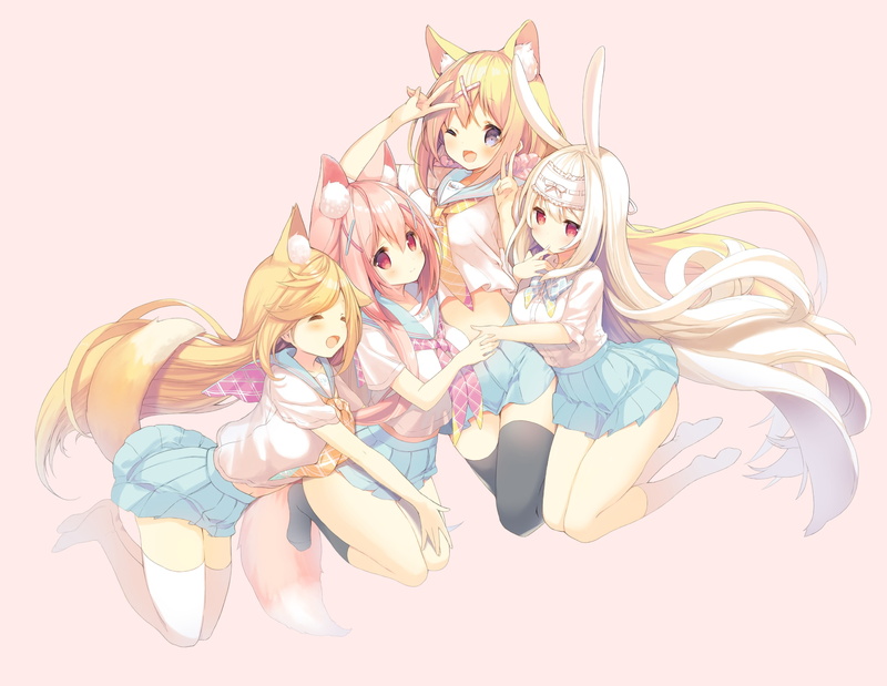 2K, no people, multi colored, foxgirl, animal representation, blush, bunny, tail, studio shot, hug, art and craft, cut out, choice, blue, skirt, variation