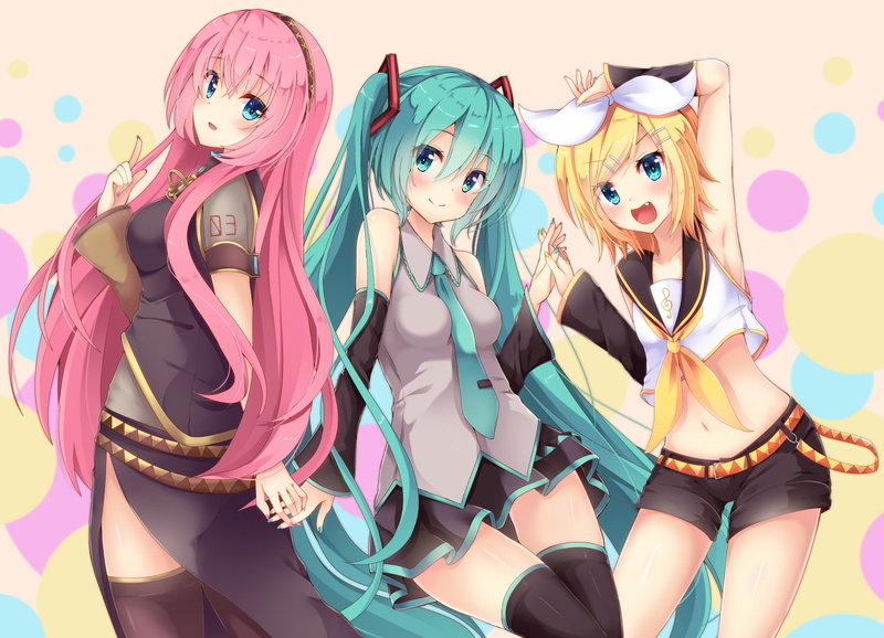 navel, short, 720P, skirt, headband, vocaloid, twintails, shorts, tie, long, eyes, 255931, com, fang, blonde, thighhighs, hair, pink, aqua, konachan, nozomiyuyu