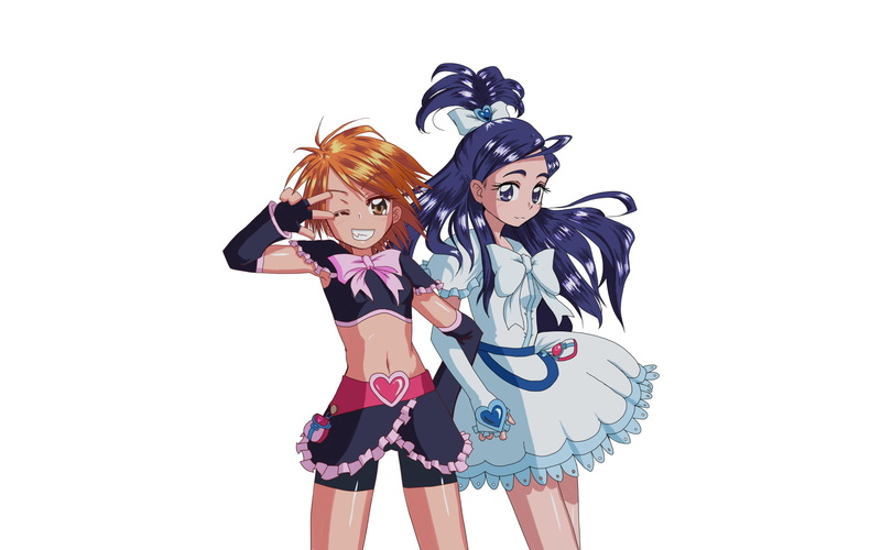 futari, gloves, girls, precure, blue, 1080P, cure, long, dress, eyes, wink, brown, black, short, navel, hair, kugimine, orange, bow, white