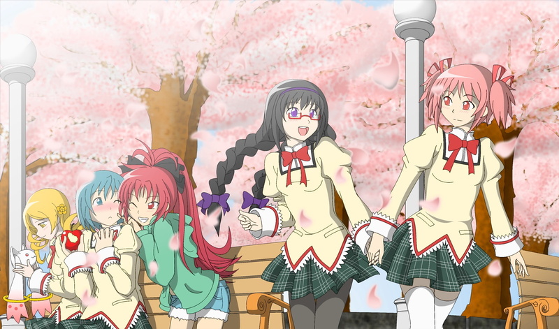 shoujo, skirt, madoka, ribbons, wink, hair, shorts, ponytail, blue, seifuku, mahou, headband, red, food, fruit, tree, glasses, blush, petals, eyes, apple