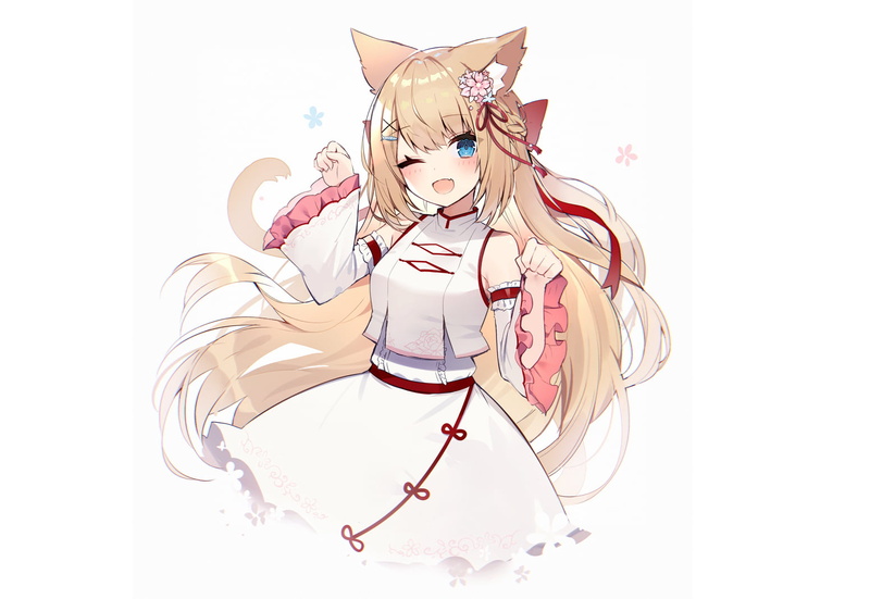 blush, braids, bow, 720P, wink, Fang, ribbon, hanazono serena, cat girl, animal ears, aqua eyes, dress, chinese clothes, long hair
