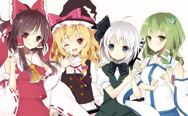 weapon, red, blue, wink, 720P, witch, touhou, green, hair, eyes, hat, group, brown, ribbons, sword, bow, short, apron, long, blush