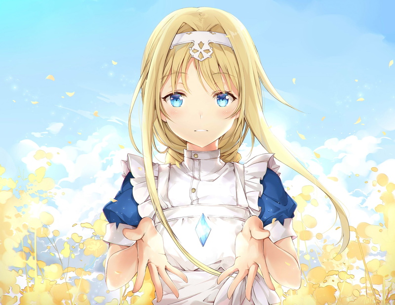 Anime, art and craft, childhood, outdoors, creativity, females, dress, blue eyes, day, representation, sword art online, magic crystal, child, male likeness