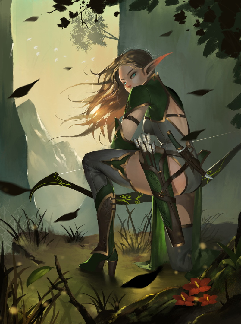 stockings, elves, anime, thigh-highs, bow, aqua eyes, 4K, knife, anime girls, long hair