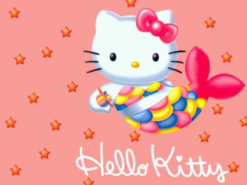 mermaid, anime, art, cute, hd, Hello Kitty, stars, 480P, kitty, hello, bow, PINK