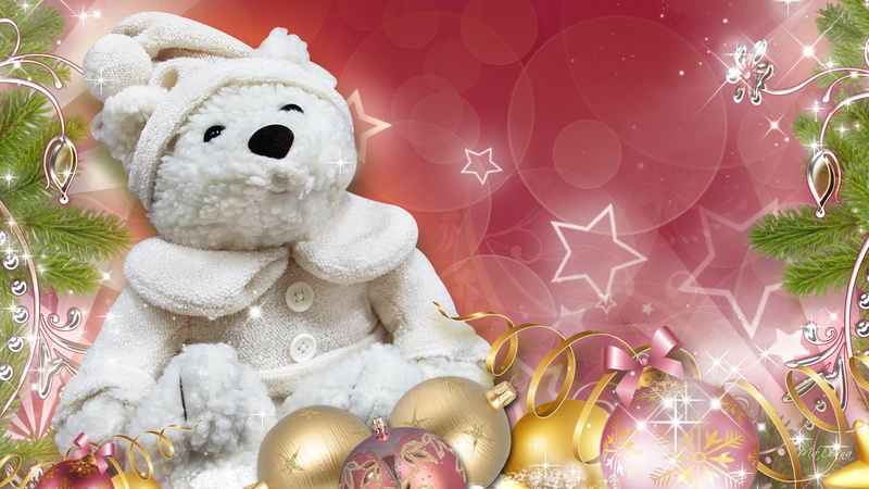 pink, feliz navidad, glitter, balls, christmas, sparkle, new, stars, decorations, teddy, bows, 1080P, year, white, ribbons
