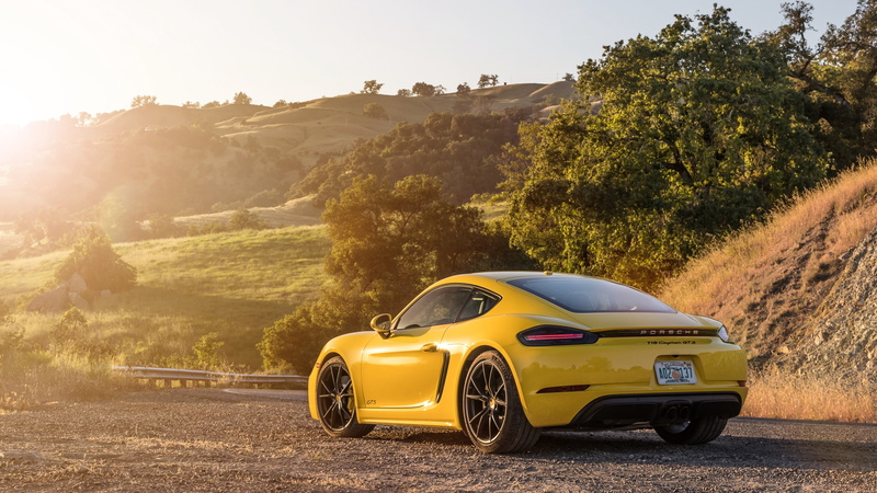 sports car, yellow car, car, 4K, sun, porsche, porsche 718 cayman, tree, porsche 718