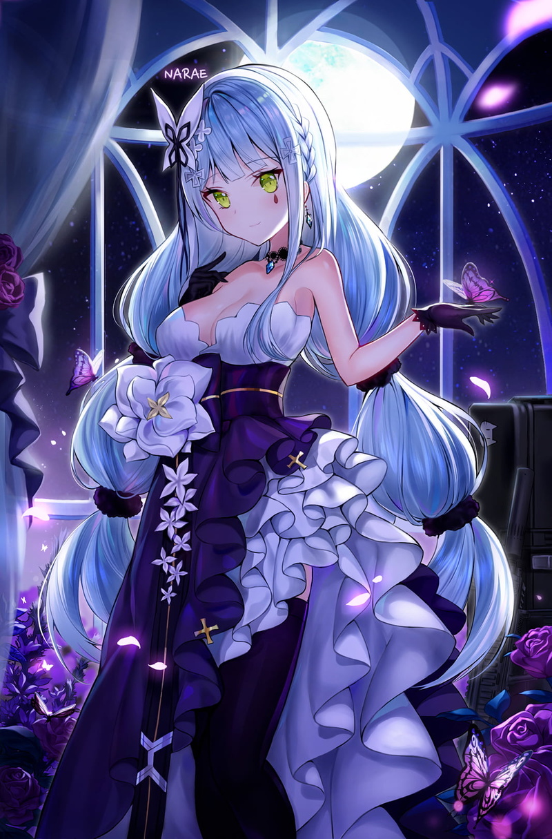 vertical, blue hair, artwork, gloves, Moon, 720P, digital art, black gloves, anime, dress, portrait display, yellow eyes, Girls Frontline, HK416 (Girls Frontline)